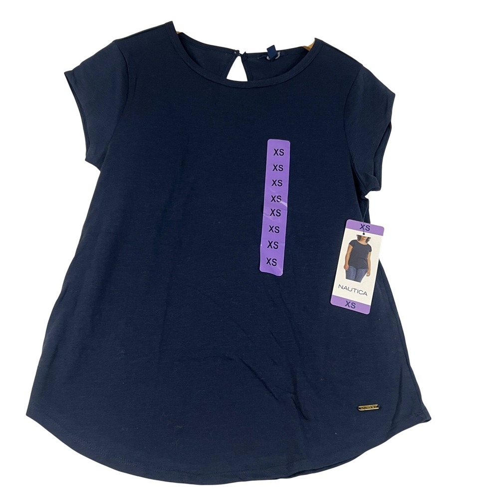 Nautica Womens Navy Blue Keyhole Back Slub Jersey Short Sleeve Top XS New